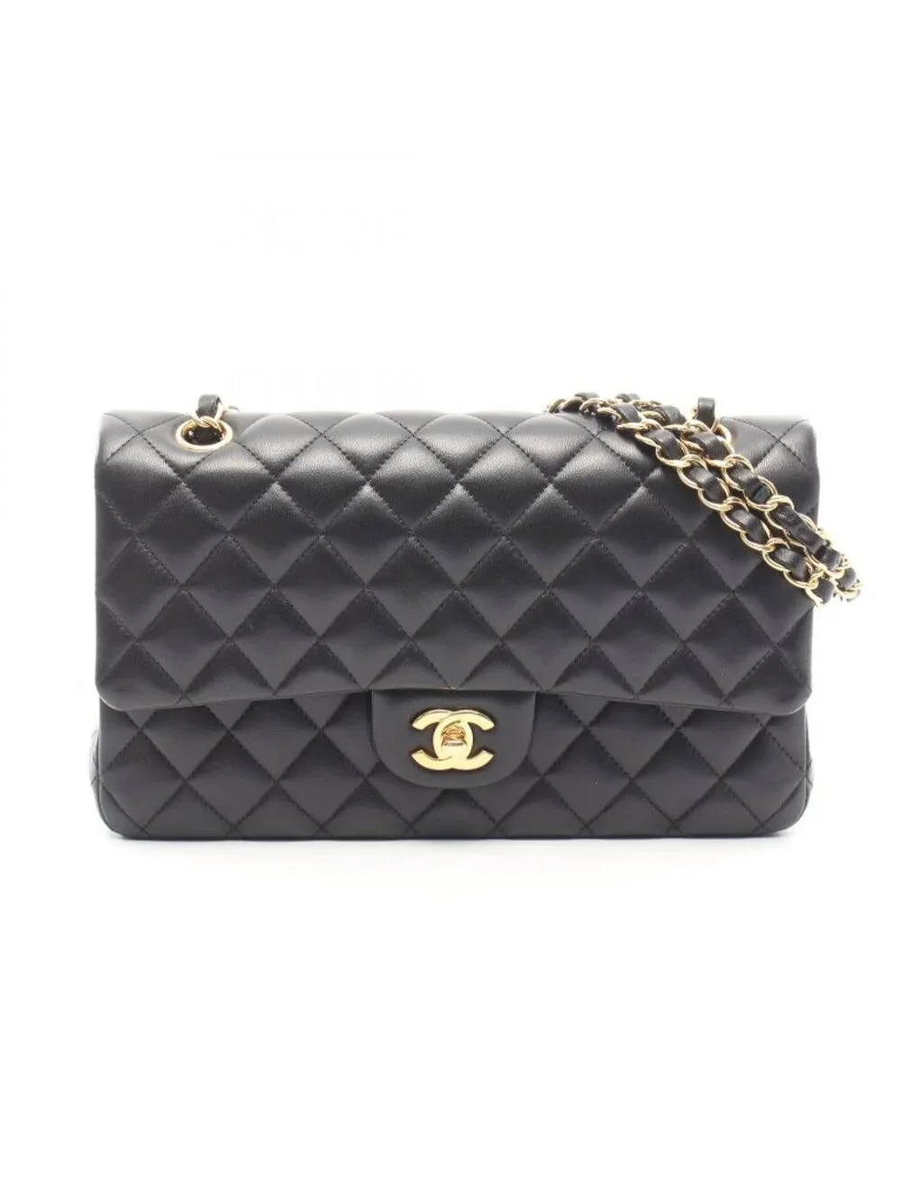 Chanel Shoulder Bag Quilted Double Flap Black Lambskin Chain